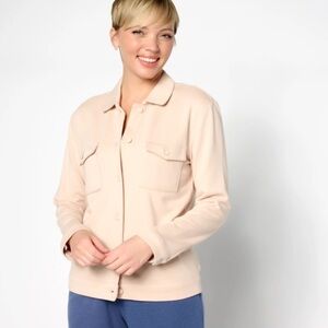 Muk Luks French Terry Knit Tan Cargo Utility Topper Semi Fitted Shacket Sz M NWT